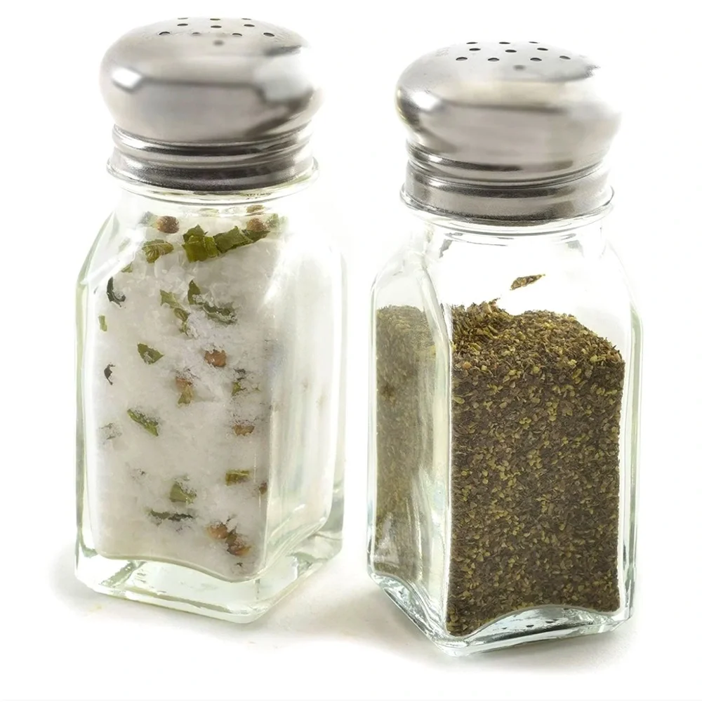 BN NOPRO 3oz CLASSIC RETRO GLASS SALT & PEPPER SHAKERS WITH STAINLESS ST…